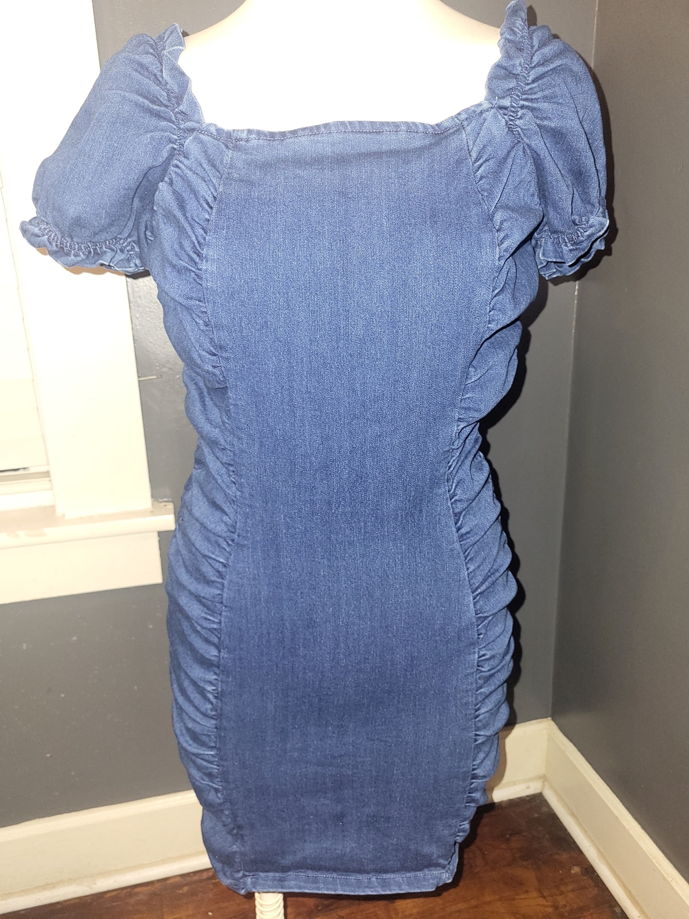 iris Blue Denim Ruched Puff-Sleeve Mini Dress